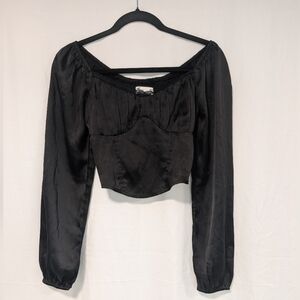 Hollister Black Satin Long-Sleeve Sweetheart Crop Top